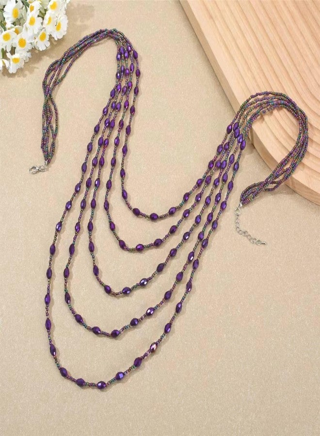 Xalroco Long Layered Necklace for Women Trendy Colorful Boho Chunky Crystal Beaded Jewelry Womens Dainty Statement Fashion Necklaces Costume Bead Strand Necklace (Purple) - Image 5